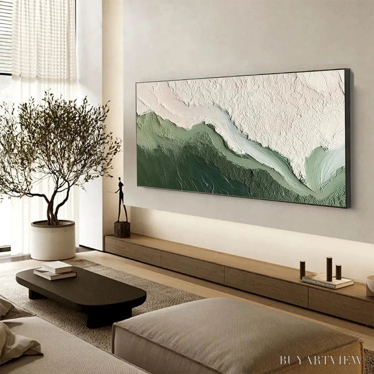 BUYARTVIEW Emerald Flow – Textured Abstract Landscape Painting, Green and White , Panoramic Canvas, Nature-Inspired Decor - image 5