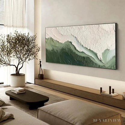 BUYARTVIEW Emerald Flow – Textured Abstract Landscape Painting, Green and White , Panoramic Canvas, Nature-Inspired Decor - image 5