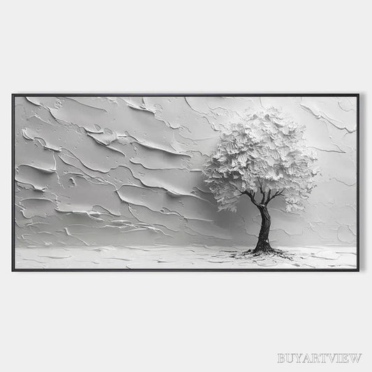 BUYARTVIEW Serene Tree – Textured 3D Tree Painting, White Impasto , Panoramic Canvas, Minimalist Decor - image 1