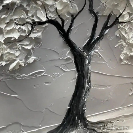 BUYARTVIEW Serene Tree – Textured 3D Tree Painting, White Impasto , Panoramic Canvas, Minimalist Decor - image 2