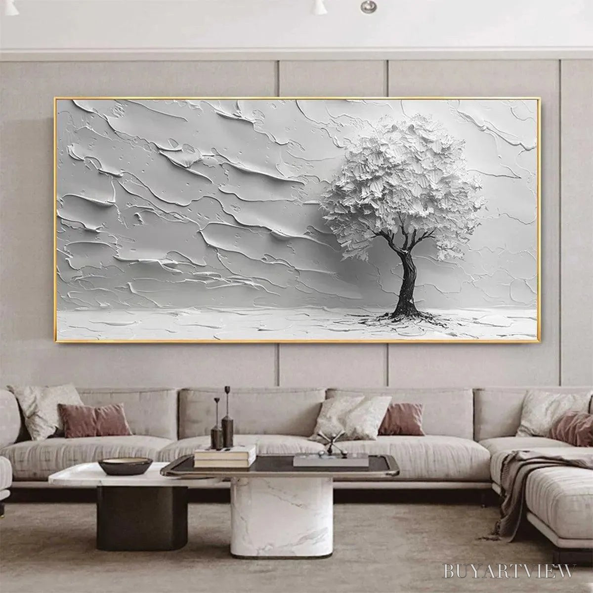 BUYARTVIEW Serene Tree – Textured 3D Tree Painting, White Impasto , Panoramic Canvas, Minimalist Decor - image 3