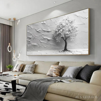 BUYARTVIEW Serene Tree – Textured 3D Tree Painting, White Impasto , Panoramic Canvas, Minimalist Decor - image 4