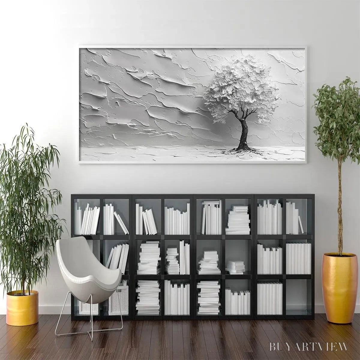 BUYARTVIEW Serene Tree – Textured 3D Tree Painting, White Impasto , Panoramic Canvas, Minimalist Decor - image 5