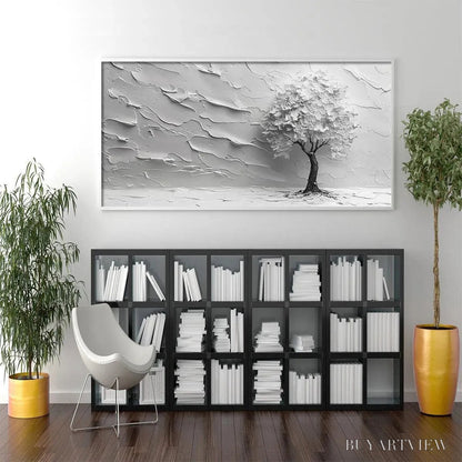 BUYARTVIEW Serene Tree – Textured 3D Tree Painting, White Impasto , Panoramic Canvas, Minimalist Decor - image 5