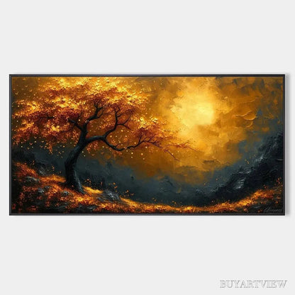 BUYARTVIEW Golden Hour – Textured Tree Painting, Impasto , Panoramic Canvas, Landscape Decor - image 1