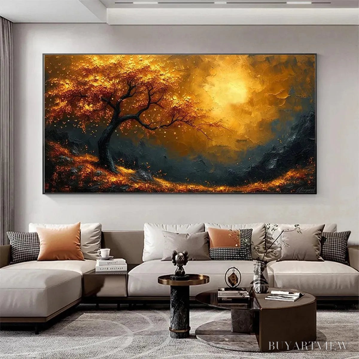 BUYARTVIEW Golden Hour – Textured Tree Painting, Impasto , Panoramic Canvas, Landscape Decor - image 4