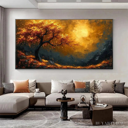 BUYARTVIEW Golden Hour – Textured Tree Painting, Impasto , Panoramic Canvas, Landscape Decor - image 4