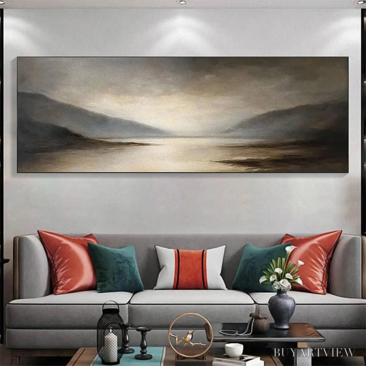 BUYARTVIEW Misty Morning Serenity – Landscape Painting, Panoramic , Neutral Decor - image 2