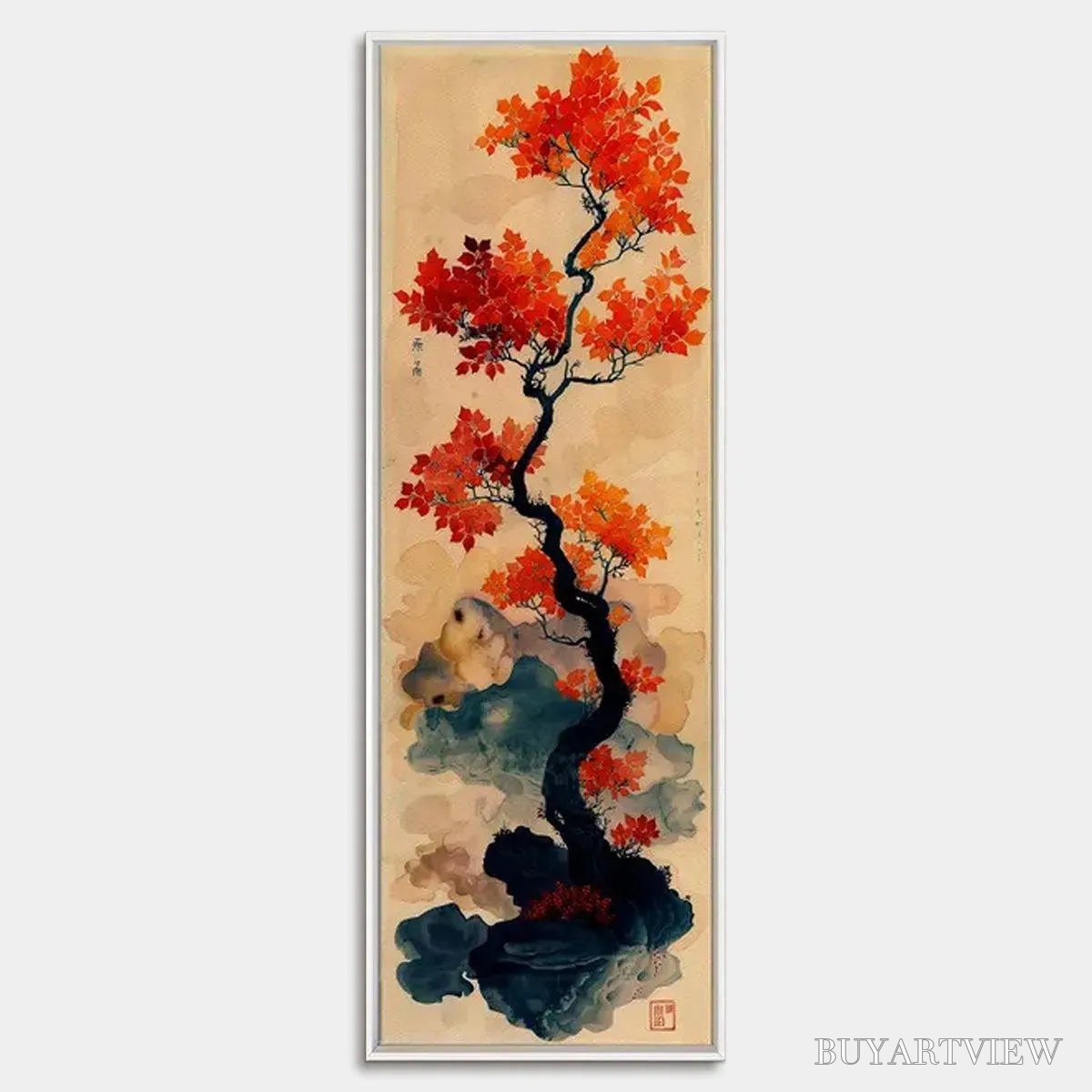 BUYARTVIEW Crimson Autumn Bonsai – Tree Painting, Vertical , Asian Decor - image 1