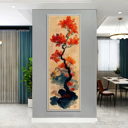 BUYARTVIEW Crimson Autumn Bonsai – Tree Painting, Vertical , Asian Decor - image 4