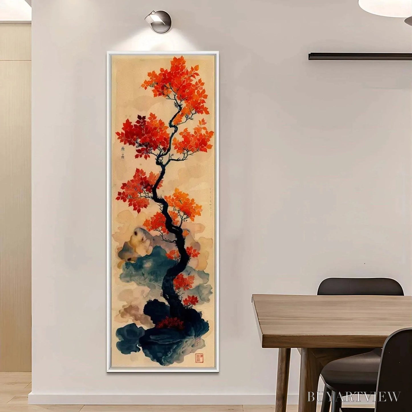 BUYARTVIEW Crimson Autumn Bonsai – Tree Painting, Vertical , Asian Decor - image 5