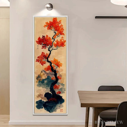 BUYARTVIEW Crimson Autumn Bonsai – Tree Painting, Vertical , Asian Decor - image 5