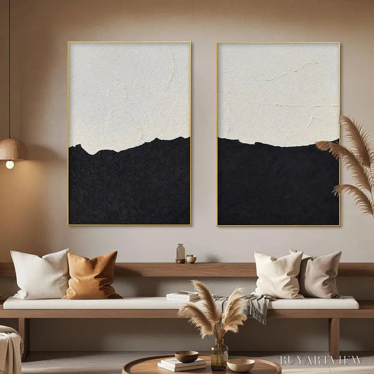BUYARTVIEW Black & White Abstract Landscape Diptych – Textured Abstract Painting Set of 2, Vertical - image 2