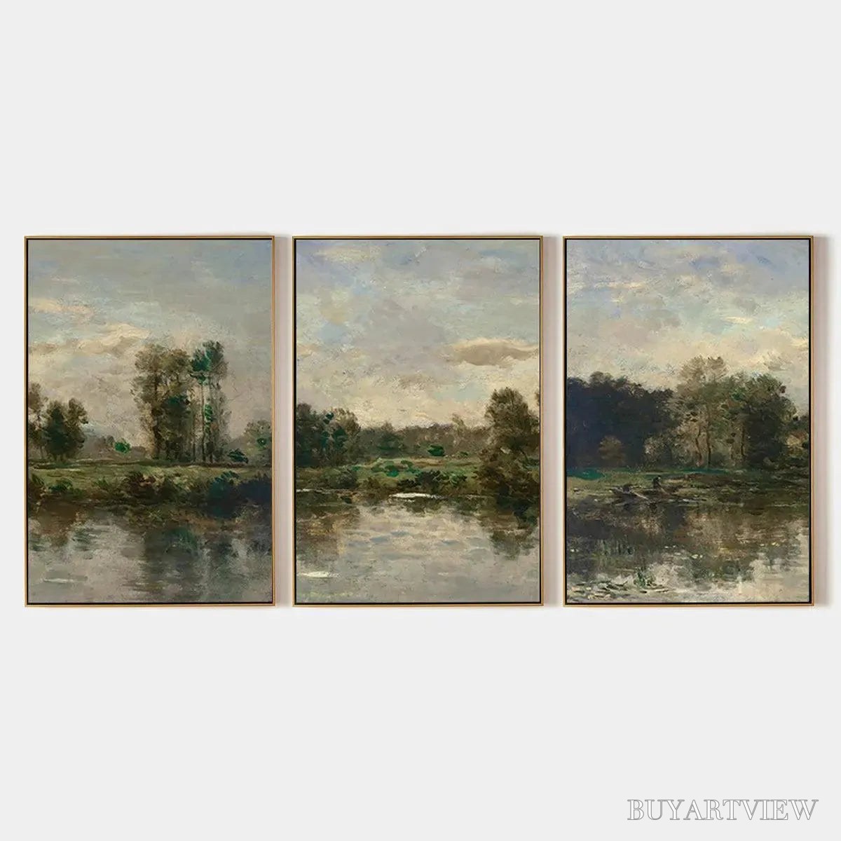BUYARTVIEW Riverside Triptych – Traditional Chinese Landscape Painting Set of 3 - image 1