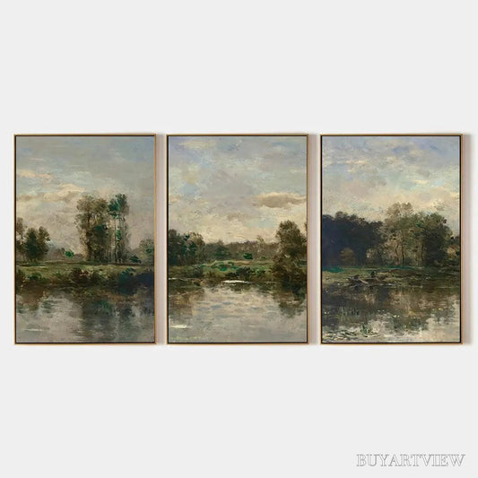 BUYARTVIEW Riverside Triptych – Traditional Chinese Landscape Painting Set of 3 - image 1