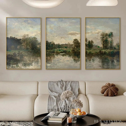 BUYARTVIEW Riverside Triptych – Traditional Chinese Landscape Painting Set of 3 - image 2