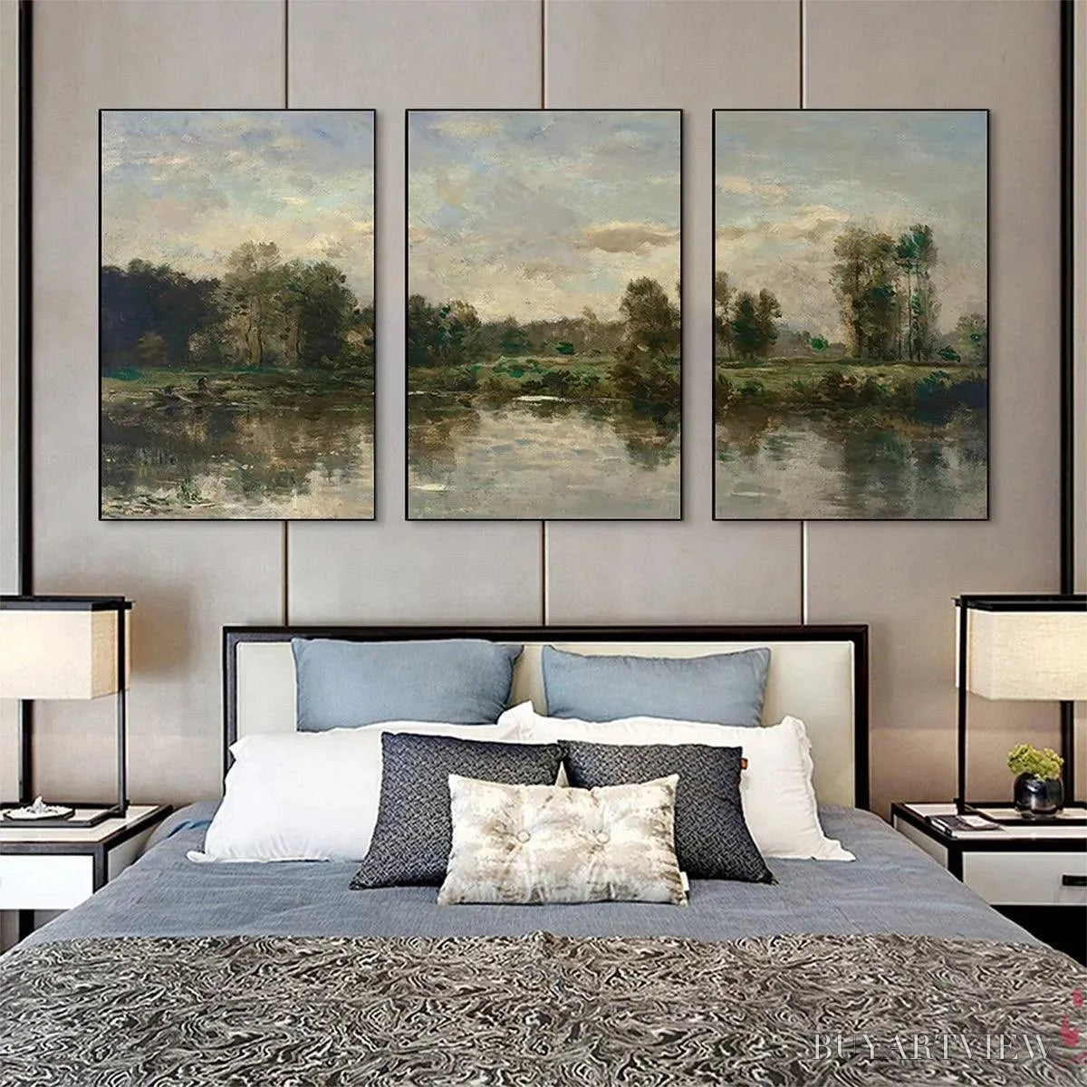 BUYARTVIEW Riverside Triptych – Traditional Chinese Landscape Painting Set of 3 - image 3