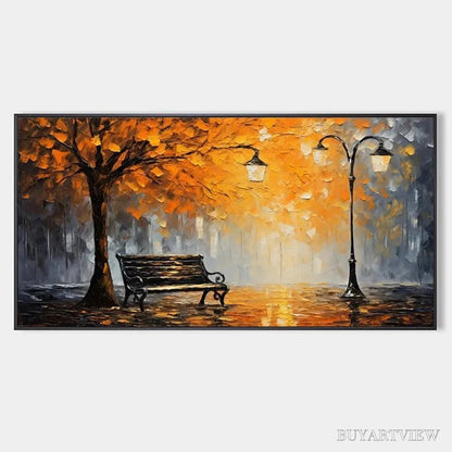 BUYARTVIEW Autumn Park Bench – Impressionistic Park Painting in Orange and Grey - image 1