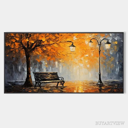 BUYARTVIEW Autumn Park Bench – Impressionistic Park Painting in Orange and Grey - image 1