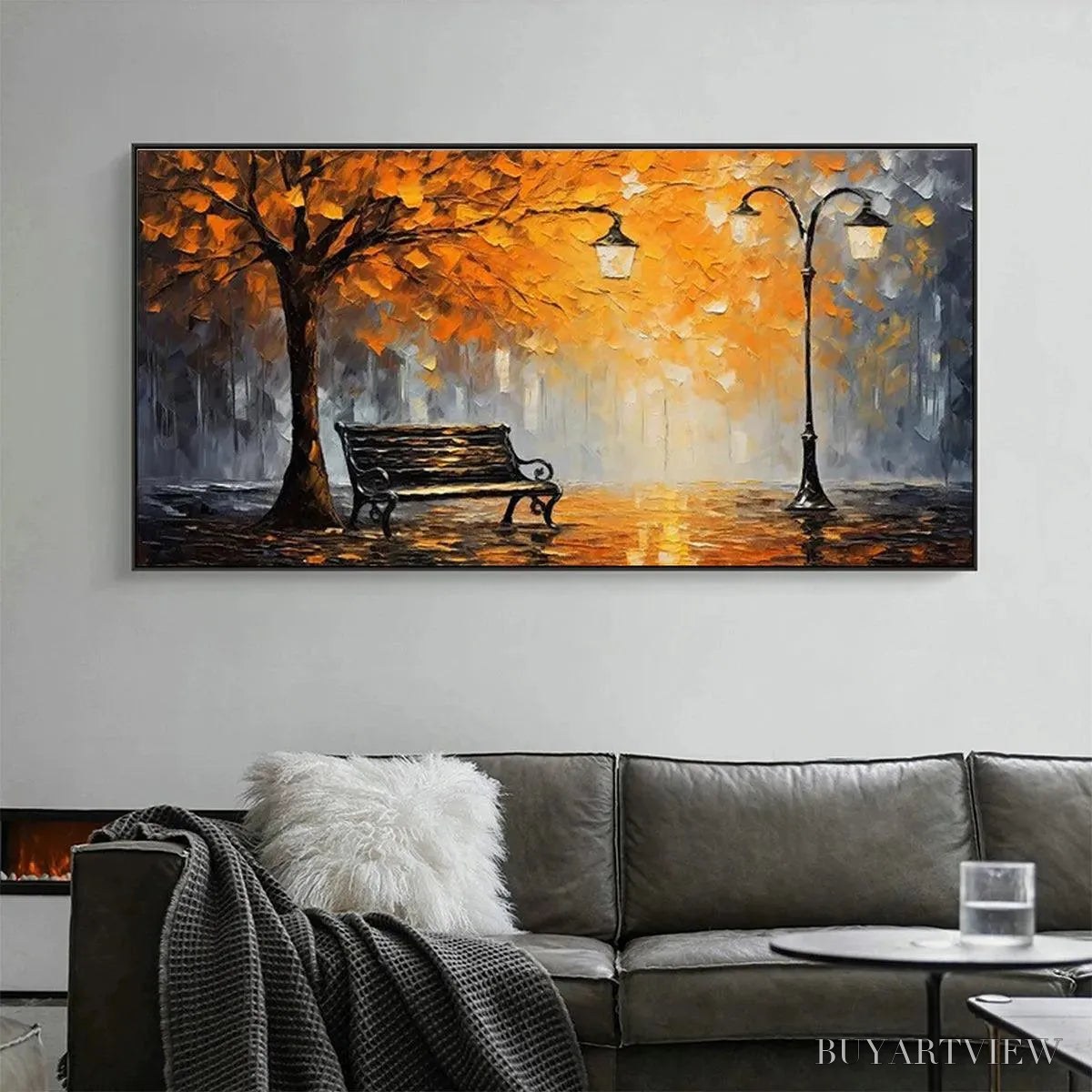 BUYARTVIEW Autumn Park Bench – Impressionistic Park Painting in Orange and Grey - image 2