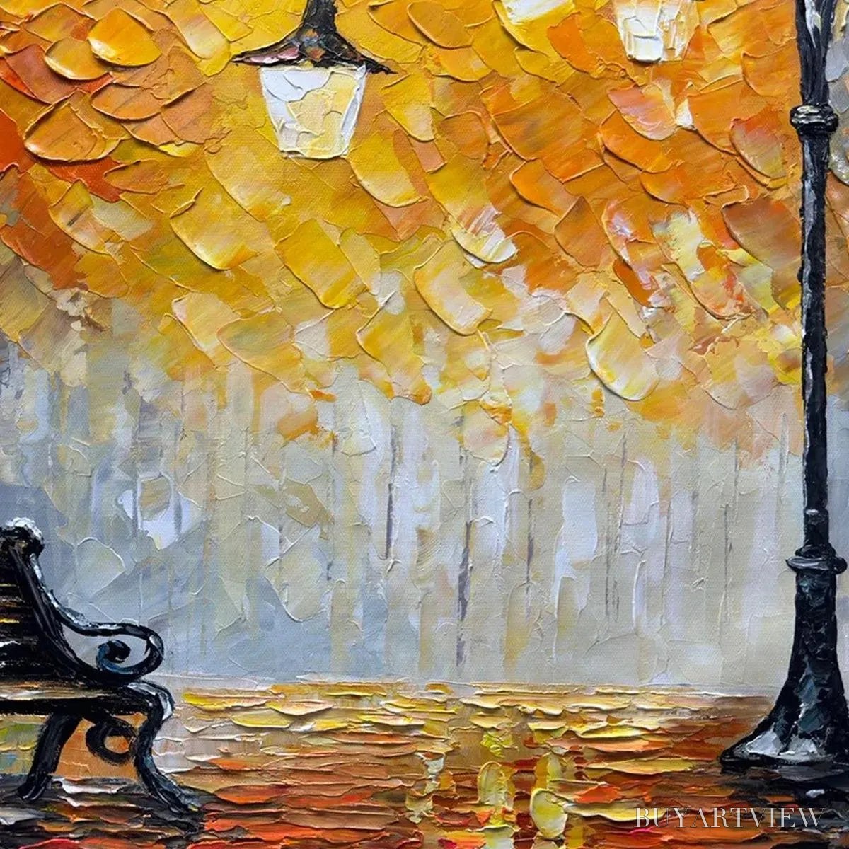 BUYARTVIEW Autumn Park Bench – Impressionistic Park Painting in Orange and Grey - image 3
