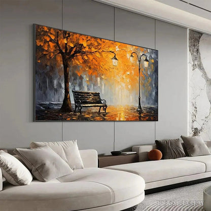 BUYARTVIEW Autumn Park Bench – Impressionistic Park Painting in Orange and Grey - image 4