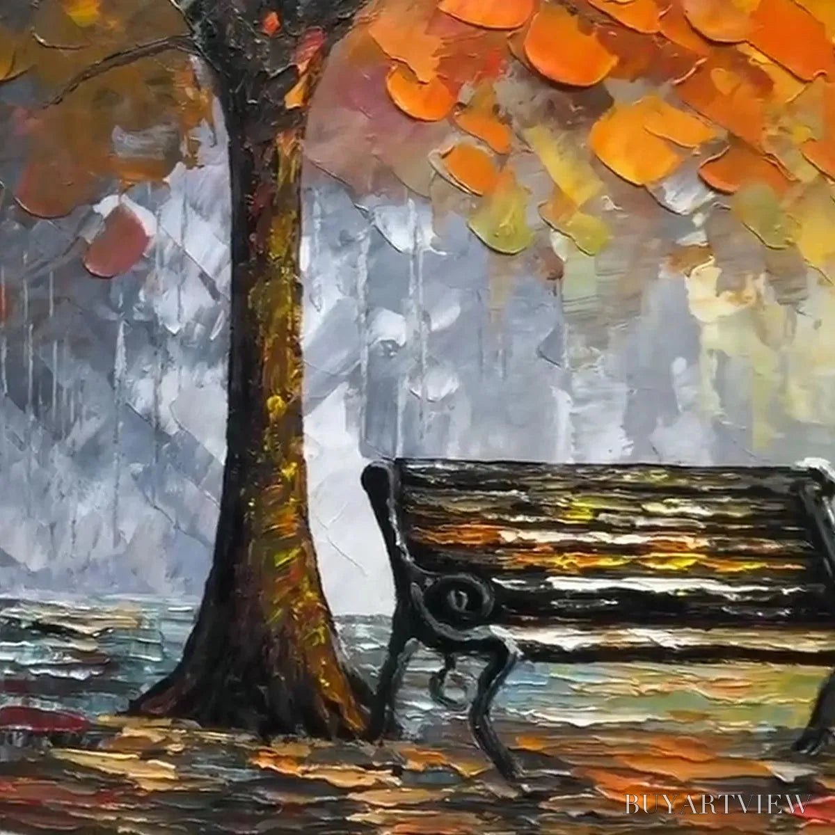 BUYARTVIEW Autumn Park Bench – Impressionistic Park Painting in Orange and Grey - image 5