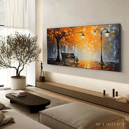 BUYARTVIEW Autumn Park Bench – Impressionistic Park Painting in Orange and Grey - image 6