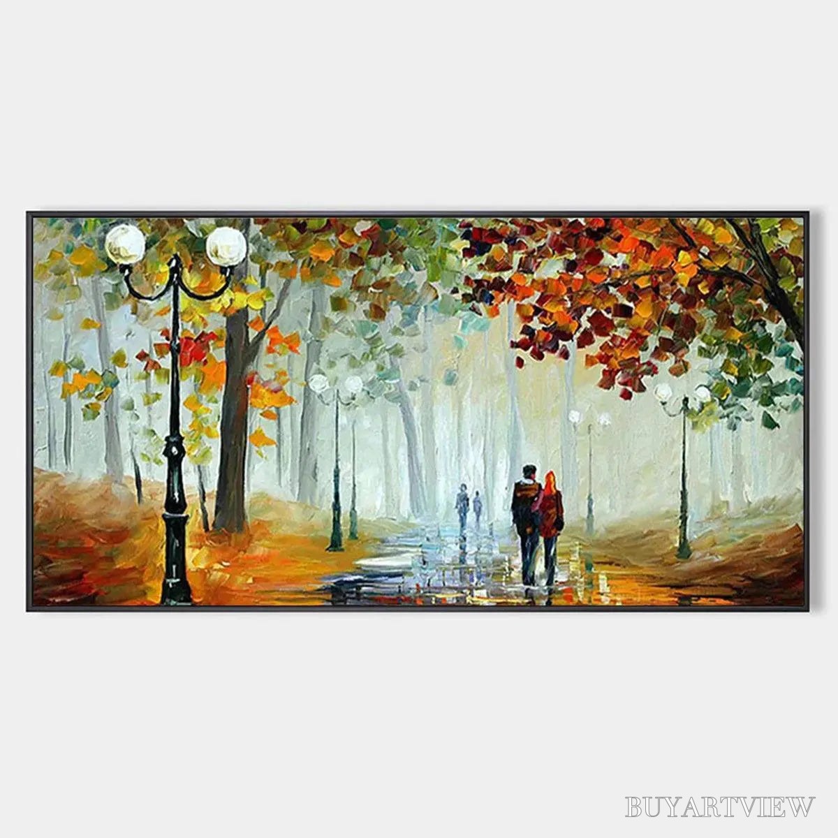 BUYARTVIEW Autumn Park Stroll – Romantic Park Landscape Painting, Horizontal - image 1