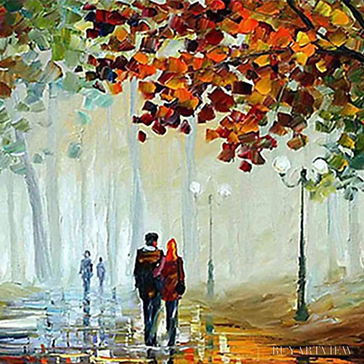 BUYARTVIEW Autumn Park Stroll – Romantic Park Landscape Painting, Horizontal - image 3