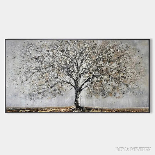 BUYARTVIEW Silver Birch – Textured Tree Painting in Grey and Gold - image 1