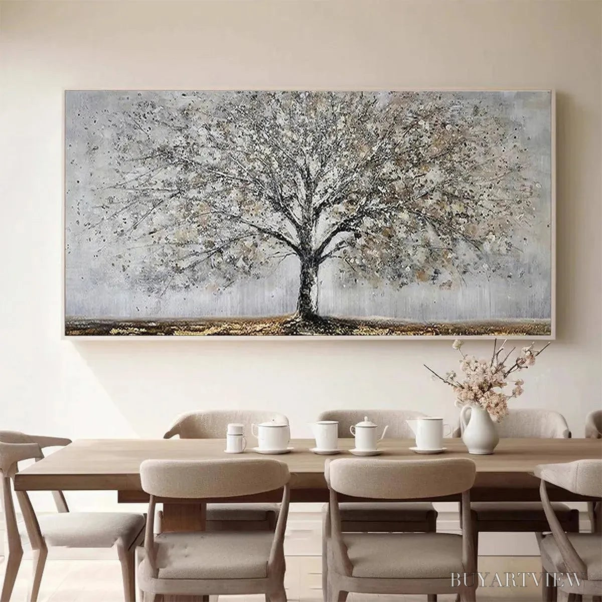 BUYARTVIEW Silver Birch – Textured Tree Painting in Grey and Gold - image 2