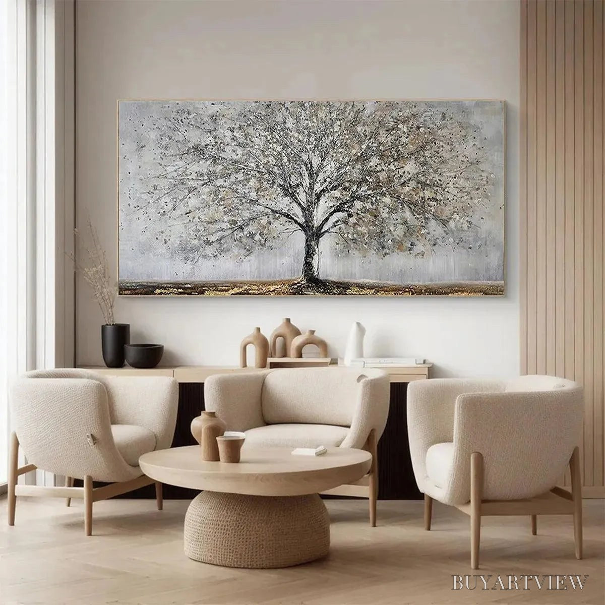 BUYARTVIEW Silver Birch – Textured Tree Painting in Grey and Gold - image 4