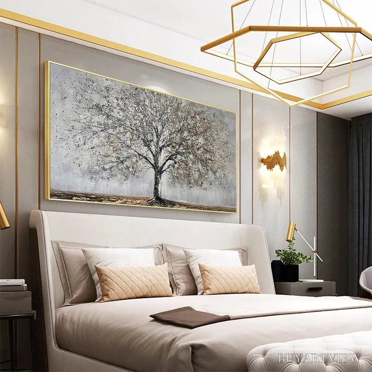 BUYARTVIEW Silver Birch – Textured Tree Painting in Grey and Gold - image 5