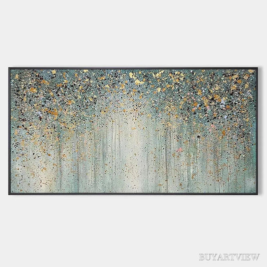 BUYARTVIEW Golden Rain – Textured Abstract Landscape Painting in Green and Gold - image 1