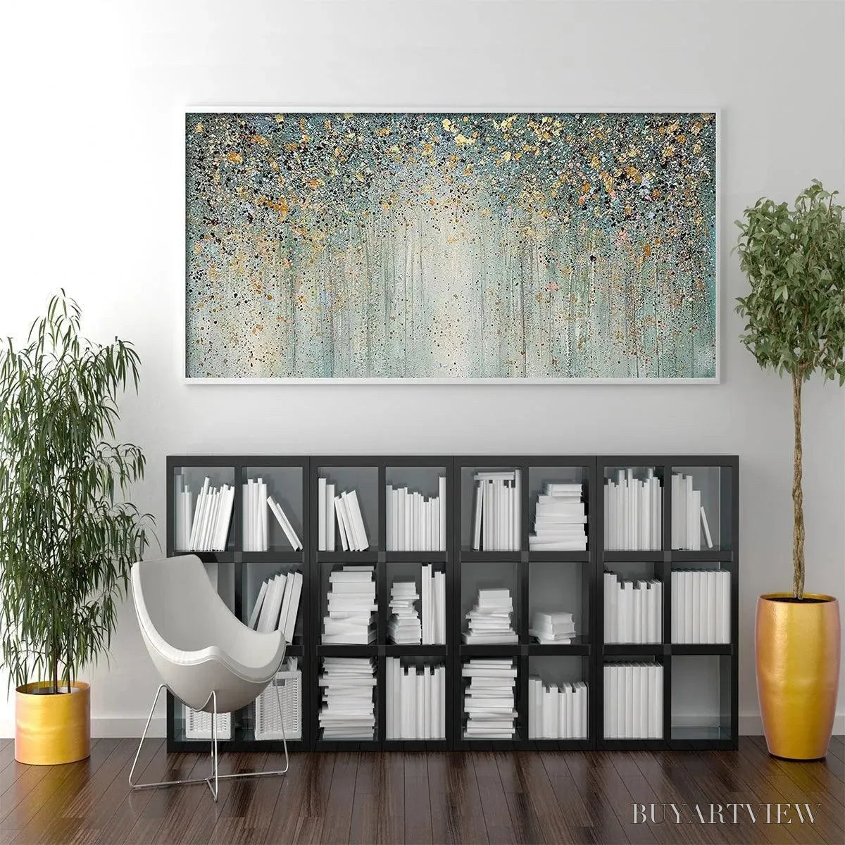 BUYARTVIEW Golden Rain – Textured Abstract Landscape Painting in Green and Gold - image 6