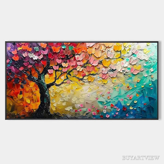 BUYARTVIEW Whispers of Autumn – Textured Impasto Tree Painting with Colorful Butterflies - image 1