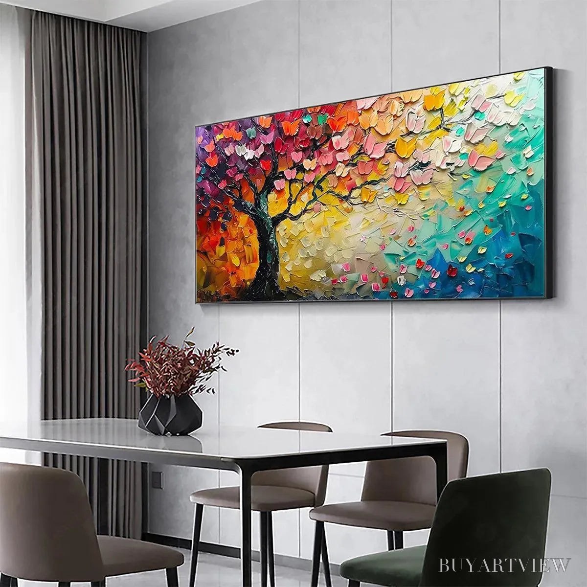 BUYARTVIEW Whispers of Autumn – Textured Impasto Tree Painting with Colorful Butterflies - image 4