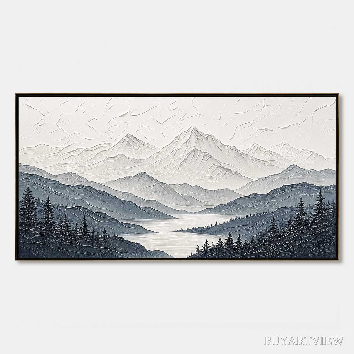 BUYARTVIEW Whispering Peaks – Textured Monochrome Mountain Lake Landscape Painting - image 1