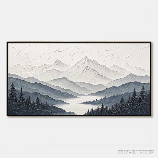 BUYARTVIEW Whispering Peaks – Textured Monochrome Mountain Lake Landscape Painting - image 1