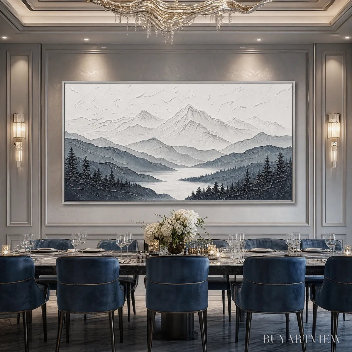 BUYARTVIEW Whispering Peaks – Textured Monochrome Mountain Lake Landscape Painting - image 2