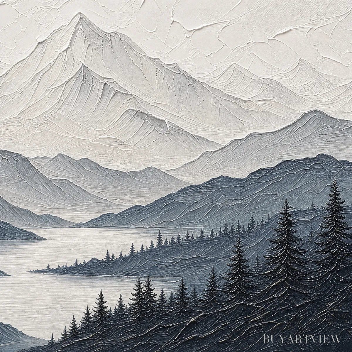 BUYARTVIEW Whispering Peaks – Textured Monochrome Mountain Lake Landscape Painting - image 3