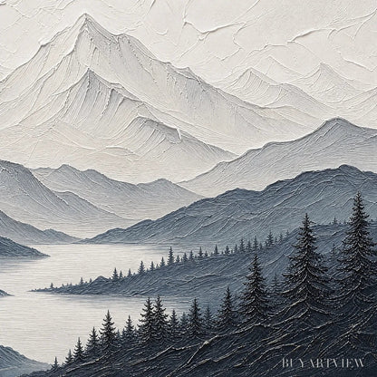 BUYARTVIEW Whispering Peaks – Textured Monochrome Mountain Lake Landscape Painting - image 3