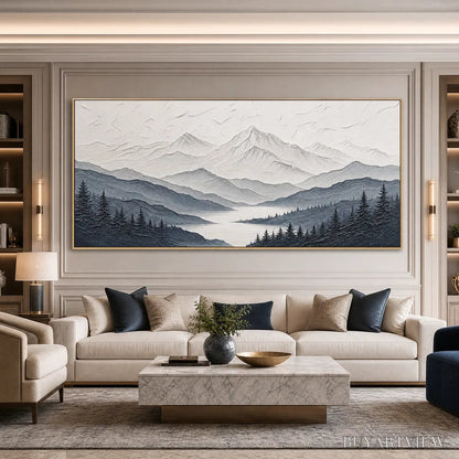 BUYARTVIEW Whispering Peaks – Textured Monochrome Mountain Lake Landscape Painting - image 4