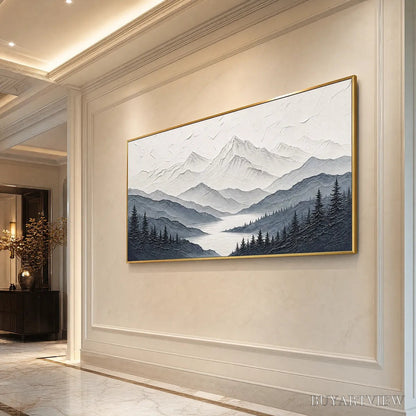 BUYARTVIEW Whispering Peaks – Textured Monochrome Mountain Lake Landscape Painting - image 5