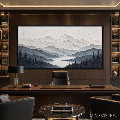 BUYARTVIEW Whispering Peaks – Textured Monochrome Mountain Lake Landscape Painting - image 6