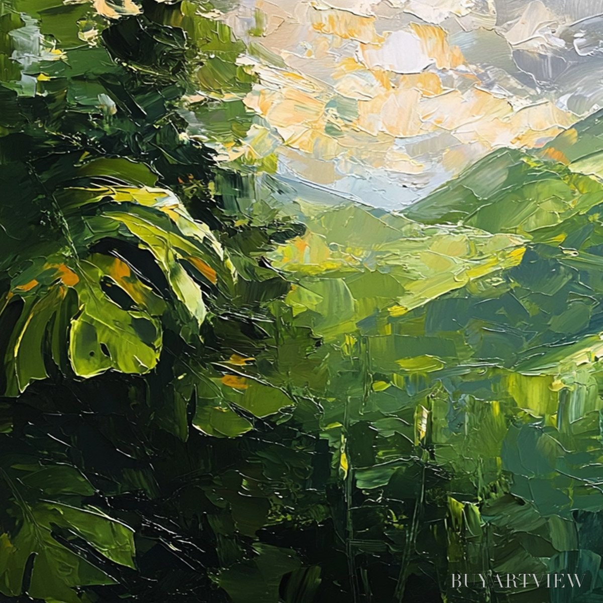 BUYARTVIEW Emerald Escape – Lush Impasto Painting of a Verdant Mountain Valley - image 3