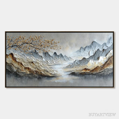 BUYARTVIEW Golden Serenity – Textured Impasto Mountain Valley Landscape Painting - image 1