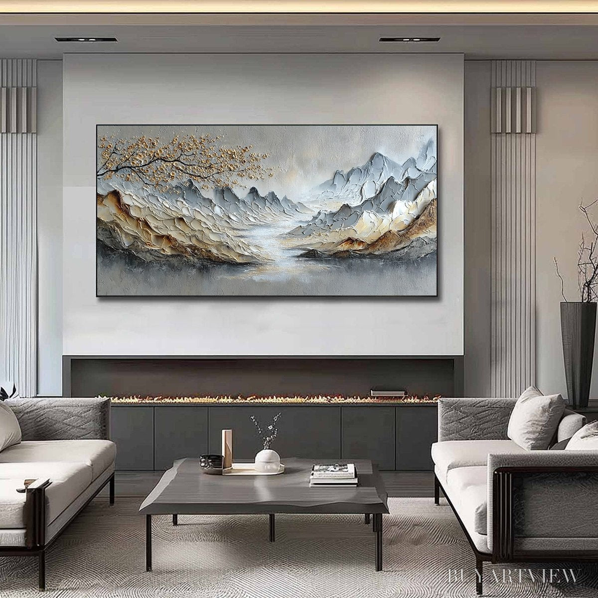 BUYARTVIEW Golden Serenity – Textured Impasto Mountain Valley Landscape Painting - image 2