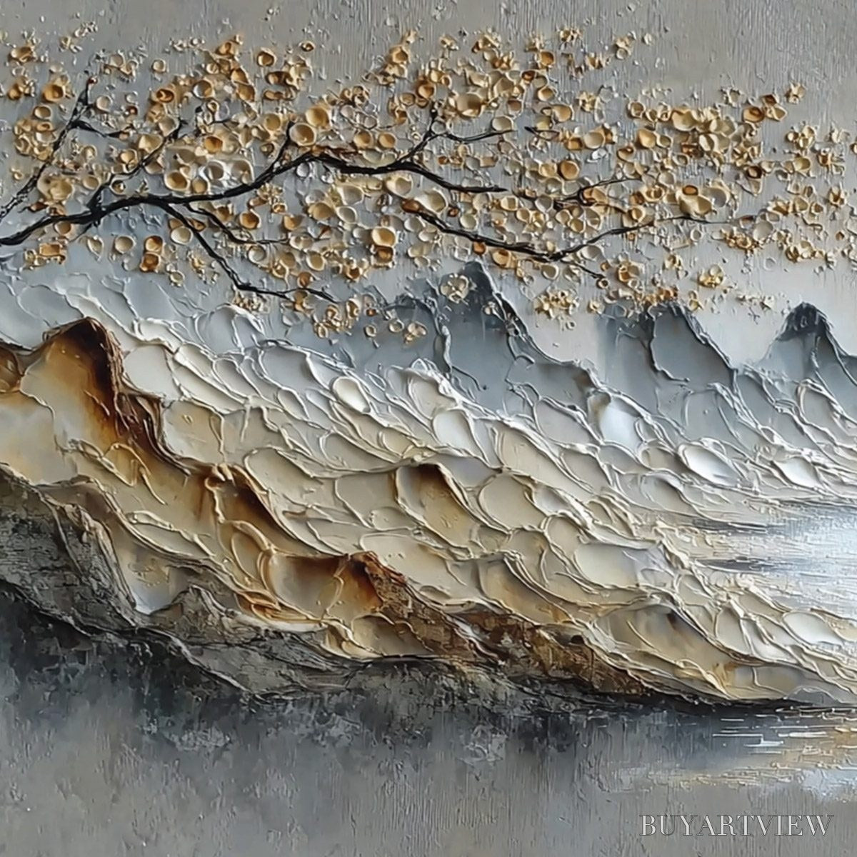 BUYARTVIEW Golden Serenity – Textured Impasto Mountain Valley Landscape Painting - image 3